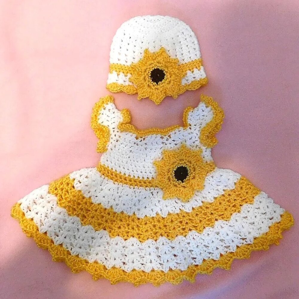 Crochet Baby Dress Handmade, Fits 0-3 Month, Baby Shower Gift, Sunflower Dress